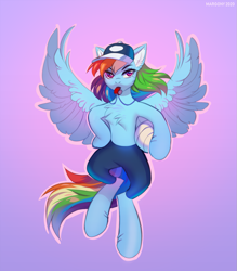 Size: 1051x1200 | Tagged: safe, artist:margony, imported from derpibooru, rainbow dash, pegasus, semi-anthro, blowing whistle, chest fluff, clothes, coach, coach rainbow dash, female, flying, hat, leggings, mare, rainbow dashs coaching whistle, signature, solo, sports, spread wings, that pony sure does love whistles, tights, volleyball, whistle, wings