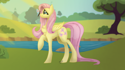 Size: 1280x720 | Tagged: safe, artist:karathepony, imported from derpibooru, fluttershy, butterfly, pegasus, pony, butterfly on nose, chest fluff, crepuscular rays, female, folded wings, insect on nose, looking at something, mare, outdoors, pond, profile, raised hoof, smiling, solo, standing, water, wings