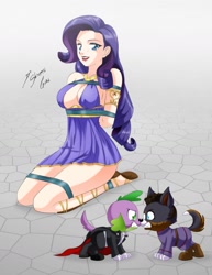 Size: 1280x1658 | Tagged: safe, alternate version, artist:shinta-girl, imported from derpibooru, rarity, spike, dog, human, equestria girls, absolute cleavage, arm behind back, breasts, busty rarity, cleavage, gritted teeth, human coloration, kneeling, rope, sandals, spike the dog