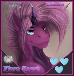 Size: 1249x1281 | Tagged: safe, artist:flareheartmz, imported from derpibooru, oc, oc only, oc:flareheart, pony, unicorn, bust, cutie mark, frame, horn, looking at you, portrait, solo, text