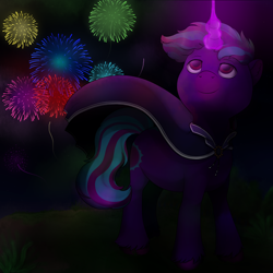 Size: 3000x3000 | Tagged: safe, artist:69beas, imported from derpibooru, oc, oc only, oc:neon eclipse, pony, unicorn, cloak, clothes, colored hooves, dark, digital art, fireworks, glowing horn, happy, hoof fluff, horn, looking up, magic, magic aura, male, smiling, solo, stallion