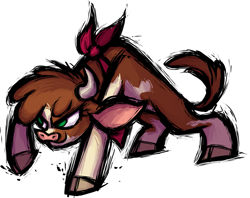 Size: 1367x1080 | Tagged: safe, artist:mane6, imported from derpibooru, arizona cow, cow, them's fightin' herds, action pose, arizona (tfh), bandana, calf, cloven hooves, community related, female, green eyes, handkerchief, horns, no pupils, official, one hoof raised, one leg raised, raised hoof, raised leg, simple background, smiling, solo, transparent background