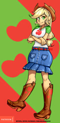 Size: 486x1000 | Tagged: safe, alternate version, artist:srasomeone, imported from derpibooru, applejack, equestria girls, equestria girls series, breasts, busty applejack, clothes, cowboy hat, crossed arms, female, freckles, hat, looking at you, skirt, smiling, solo, stetson
