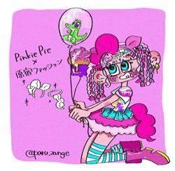 Size: 720x702 | Tagged: safe, artist:paru.zange, imported from derpibooru, gummy, pinkie pie, alligator, human, balloon, boots, braided pigtails, clothes, cosplay, costume, decora, dress, ear piercing, earring, hairpin, harajuku, headband, humanized, instagram, jewelry, piercing, pony ears, pony shirt, shirt, shoes, socks, sticker, stockings, striped socks, tail, thigh highs