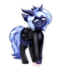 Size: 800x900 | Tagged: safe, artist:diantrex, imported from derpibooru, oc, oc only, oc:blizzard shard, pony, succubus, unicorn, clothes, female, horns, male, mare, piercing, simple background, skirt, socks, solo, sweater, transparent background, trap, white outline