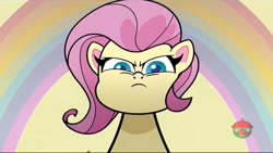 Size: 1280x720 | Tagged: safe, imported from derpibooru, screencap, fluttershy, pony, death of a sales-pony, my little pony: pony life, spoiler:pony life s01e08, angry, female, fluttershy is not amused, g4.5, giant pony, giantess, giantshy, looking at you, macro, rainbow, treehouse logo, unamused