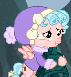 Size: 821x890 | Tagged: safe, imported from derpibooru, screencap, cozy glow, pegasus, pony, frenemies (episode), bell, bewitching bell, clothes, cozybetes, cropped, cute, female, grogar's bell, holding, smiling, solo