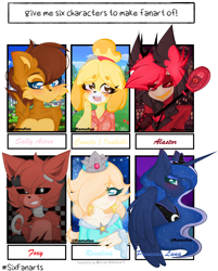 Size: 1164x1446 | Tagged: safe, artist:ramufuu, imported from derpibooru, princess luna, alicorn, anthro, chipmunk, deer, demon, dog, fox, human, pony, robot, wendigo, six fanarts, :d, alastor, animal crossing, animatronic, anthro with ponies, bust, clothes, crossover, crown, deer demon, female, five nights at freddy's, foxy, hair over one eye, hazbin hotel, hell, hook, isabelle, jewelry, mare, open mouth, peytral, princess rosalina, radio demon, regalia, rosalina, sally acorn, smiling, sonic the hedgehog (series), super mario bros., super mario galaxy, tiara