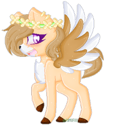 Size: 335x356 | Tagged: safe, artist:ramufuu, imported from derpibooru, oc, pegasus, pony, :d, chest fluff, colored hooves, floral head wreath, flower, open mouth, pegasus oc, pixel art, smiling, two toned wings, wings