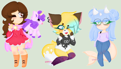 Size: 750x425 | Tagged: safe, artist:ramufuu, imported from derpibooru, oc, oc only, anthro, fox, human, pony, unicorn, anthro with ponies, ear piercing, earring, female, furry, furry oc, horn, jewelry, one eye closed, piercing, pixel art, plushie, unicorn oc, wink