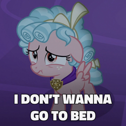 Size: 600x600 | Tagged: safe, edit, edited screencap, imported from derpibooru, screencap, chancellor neighsay, cozy glow, school raze, bed time, bedtime, bow, caption, cozybetes, cute, dialogue, displeased, female, filly, floppy ears, foal, image macro, meme, night, pouting, sad, sadorable, school of friendship, text