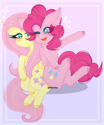 Size: 1030x1237 | Tagged: safe, artist:ramufuu, imported from derpibooru, fluttershy, pinkie pie, earth pony, pegasus, pony, colored hooves, duo, ear fluff, eyelashes, female, mare, one eye closed, open mouth, sitting, smiling, wink