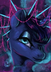 Size: 900x1265 | Tagged: safe, artist:laps-sp, imported from derpibooru, princess luna, alicorn, pony, bust, chains, crown, digital painting, ethereal mane, female, jewelry, lidded eyes, looking at you, mare, nebula mane, portrait, regalia, signature, smiling, solo