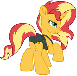 Size: 10487x10343 | Tagged: safe, alternate version, artist:ejlightning007arts, imported from derpibooru, sunset shimmer, pony, unicorn, equestria girls, equestria girls series, forgotten friendship, bikini, bunset shimmer, butt, clothes, equestria girls outfit, female, looking at you, mare, plot, raised hoof, simple background, solo, sunset shimmer's beach shorts swimsuit, swimsuit, transparent background, vector