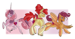 Size: 2304x1208 | Tagged: safe, artist:pawb-art, imported from derpibooru, apple bloom, scootaloo, sweetie belle, classical unicorn, earth pony, pegasus, unicorn, bow, cloven hooves, crossed hooves, cutie mark, cutie mark crusaders, feathered fetlocks, female, leonine tail, looking at you, mare, older, older apple bloom, older scootaloo, older sweetie belle, open mouth, redesign, simple background, smiling, spread wings, the cmc's cutie marks, trio, unshorn fetlocks, wings