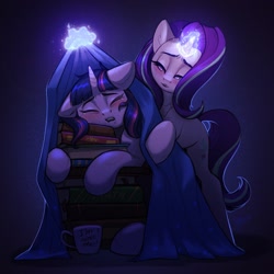 Size: 1600x1600 | Tagged: safe, artist:amishy, imported from derpibooru, starlight glimmer, twilight sparkle, pony, unicorn, blanket, book, bookhorse, bookstack, cute, drool, duo, eyes closed, female, floppy ears, glowing horn, horn, lidded eyes, magic, mare, mug, sleeping, tucking in