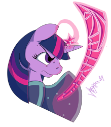 Size: 790x900 | Tagged: safe, artist:jaestring, imported from derpibooru, twilight sparkle, pony, unicorn, fanfic:the immortal game, blade, bust, cape, clothes, digital art, element of magic, fanfic art, female, frown, magic, mare, narrowed eyes, ponies make war, profile, simple background, telekinesis, transparent background