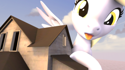 Size: 2560x1440 | Tagged: safe, artist:phenioxflame, artist:steamyart, imported from derpibooru, derpy hooves, pegasus, pony, 3d, big pony, female, giant derpy hooves, giant pegasus, giant pony, house, macro, sfm pony, solo, source filmmaker, tongue out