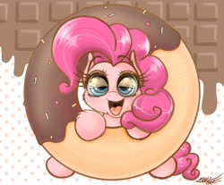 Size: 2048x1692 | Tagged: safe, artist:phoenixrk49, imported from derpibooru, pinkie pie, pony, chocolate, cloud, donut, eye reflection, food, misleading thumbnail, open mouth, reflection, solo