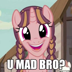 Size: 600x600 | Tagged: safe, edit, edited screencap, imported from derpibooru, screencap, bacon braids, pony, season 5, the cutie map, caption, female, image macro, meme, solo, text, u mad?