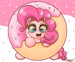 Size: 2048x1692 | Tagged: safe, alternate version, artist:phoenixrk49, imported from derpibooru, pinkie pie, pony, cloud, donut, eye reflection, food, misleading thumbnail, open mouth, reflection, solo, strawberry