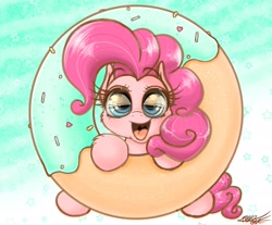 Size: 2048x1692 | Tagged: safe, alternate version, artist:phoenixrk49, imported from derpibooru, pinkie pie, pony, cloud, donut, eye reflection, food, mint, misleading thumbnail, open mouth, reflection, solo