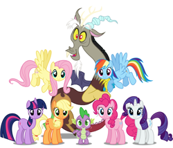 Size: 1000x856 | Tagged: safe, imported from derpibooru, applejack, discord, fluttershy, pinkie pie, rainbow dash, rarity, spike, twilight sparkle, draconequus, dragon, earth pony, pegasus, unicorn, friends, simple background, unicorn twilight, white background