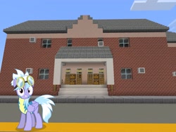 Size: 2048x1536 | Tagged: safe, artist:tomfraggle, artist:topsangtheman, imported from derpibooru, cloudchaser, pegasus, pony, clothes, female, goggles, house, looking at you, minecraft, solo, uniform, wonderbolt trainee uniform