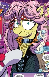 Size: 1376x2155 | Tagged: safe, artist:andypriceart, idw, imported from derpibooru, coco pommel, fluttershy, rarity, earth pony, pegasus, spoiler:comic64, aerosmith, comic panel, cropped, fluttershy is not amused, official comic, rock (music), rocker, steven tyler, unamused