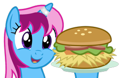 Size: 2348x1500 | Tagged: safe, alternate version, artist:indonesiarailroadpht, artist:ponyrailartist, imported from derpibooru, oc, oc only, oc:parcly taxel, alicorn, pony, alicorn oc, borgarposting, burger, female, food, horn, mare, show accurate, simple background, smiling, solo, transparent background, wings