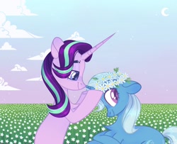 Size: 2048x1661 | Tagged: safe, artist:n in a, imported from derpibooru, starlight glimmer, trixie, pony, unicorn, eyebrows, female, floral head wreath, flower, lesbian, shipping, smiling, startrix