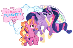 Size: 900x595 | Tagged: safe, artist:santamouse23, imported from derpibooru, luster dawn, twilight sparkle, alicorn, pony, the last problem, crown, deviantart watermark, duo, flowing mane, jewelry, obtrusive watermark, peytral, princess twilight 2.0, regalia, simple background, the magic of friendship grows, transparent background, twilight sparkle (alicorn), watermark