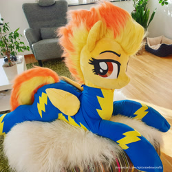 Size: 3024x3024 | Tagged: safe, artist:epicrainbowcrafts, imported from derpibooru, spitfire, pegasus, pony, clothes, irl, life size, lying down, photo, plushie, prone, skintight clothes, solo, uniform, wonderbolts uniform