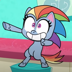 Size: 479x475 | Tagged: safe, imported from derpibooru, screencap, rainbow dash, pony, my little pony: pony life, potion mystery, spoiler:pony life s01e19, bipedal, cropped, female, g4.5, pose, smiling, solo, sonic dash, sonic the hedgehog (series), sonic-style rainbow dash