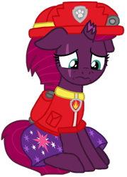 Size: 766x1071 | Tagged: safe, artist:徐詩珮, imported from derpibooru, fizzlepop berrytwist, tempest shadow, pony, unicorn, series:sprglitemplight diary, series:sprglitemplight life jacket days, series:springshadowdrops diary, series:springshadowdrops life jacket days, alternate universe, base used, broken horn, clothes, cute, cutie mark, cutie mark on clothes, dress, eye scar, eyelashes, female, helmet, horn, mare, marshall (paw patrol), paw patrol, paw prints, sad, scar, simple background, sitting, solo, transparent background