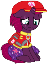 Size: 789x1058 | Tagged: safe, alternate version, artist:徐詩珮, imported from derpibooru, fizzlepop berrytwist, tempest shadow, pony, unicorn, series:sprglitemplight diary, series:sprglitemplight life jacket days, series:springshadowdrops diary, series:springshadowdrops life jacket days, aid marshall (paw patrol), alternate universe, base used, broken horn, clothes, cute, cutie mark, cutie mark on clothes, dress, eye scar, eyelashes, hat, horn, marshall (paw patrol), paw patrol, sad, scar, simple background, sitting, transparent background