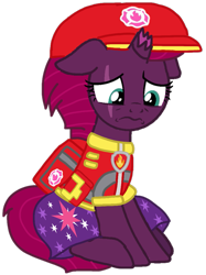 Size: 789x1056 | Tagged: safe, alternate version, artist:徐詩珮, imported from derpibooru, fizzlepop berrytwist, tempest shadow, pony, unicorn, series:sprglitemplight diary, series:sprglitemplight life jacket days, series:springshadowdrops diary, series:springshadowdrops life jacket days, aid marshall (paw patrol), alternate universe, base used, broken horn, clothes, cute, cutie mark, cutie mark on clothes, dress, eye scar, eyelashes, hat, horn, marshall (paw patrol), paw patrol, sad, scar, simple background, sitting, solo, transparent background