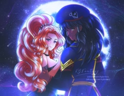 Size: 900x700 | Tagged: safe, artist:kgfantasy, imported from derpibooru, adagio dazzle, oc, oc:midnight radiance (sixpathspony), human, equestria girls, adagiance, bedroom eyes, blushing, duo, female, looking at you, looking back, looking back at you, looking over shoulder