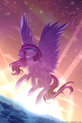 Size: 1000x1500 | Tagged: safe, artist:xvaleox, imported from derpibooru, oc, oc only, pegasus, pony, chest fluff, floppy ears, flying, glowing eyes meme, lens flare, not twilight sparkle, solo, sunset