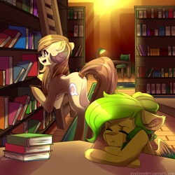 Size: 2000x2000 | Tagged: safe, artist:xvaleox, imported from derpibooru, oc, oc only, earth pony, pegasus, pony, book, bookcase, bookshelf, duo, eyes closed, glasses, horns, library, table, tired