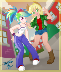 Size: 862x1024 | Tagged: safe, artist:danmakuman, edit, editor:michaelsety, imported from derpibooru, applejack, rainbow dash, human, equestria girls, belly button, clothes, converse, duo, duo female, female, human coloration, humanized, midriff, shoes, sleeveless, tanktop