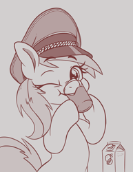 Size: 2139x2767 | Tagged: safe, artist:anonymous, imported from derpibooru, oc, oc:aryanne, earth pony, pony, art pack:marenheit 451, /mlp/, cap, cute, female, hat, juice, monochrome, nazi, one eye closed, orange juice, simple background, solo, style emulation, wink