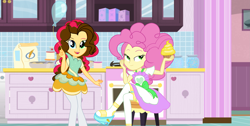 Size: 4053x2039 | Tagged: safe, artist:galaxyswirlsyt, imported from derpibooru, li'l cheese, oc, oc:party pie, human, equestria girls, the last problem, apron, balloon, clothes, cupcake, dress, food, high res, offspring, older, parent:cheese sandwich, parent:pinkie pie, parents:cheesepie