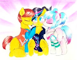 Size: 2978x2322 | Tagged: safe, artist:liaaqila, imported from derpibooru, earth pony, pony, armor, bisexual, bisexual female, blank flank, cheek kiss, clothes, commission, crossover, cute, emmet brickowski, eyes closed, eyeshadow, female, hoodie, kiss on the cheek, kiss sandwich, kissing, lego, lesbian, lesbian in front of boys, makeup, male, non-mlp shipping, pen, ponified, raised hoof, shipping, shirt, sitting, spacesuit, straight, surprised, sweet mayhem, the lego movie, the lego movie 2: the second part, traditional art, underhoof, vest, wyldstyle