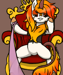 Size: 800x950 | Tagged: safe, artist:vadytwy, imported from derpibooru, oc, oc only, oc:kiriwky, kirin, pony, belly button, clothes, domination, horn, kirin oc, leash, lip bite, looking at you, throne