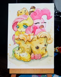 Size: 1600x2031 | Tagged: safe, artist:mashiromiku, imported from derpibooru, fluttershy, pinkie pie, earth pony, pegasus, pony, cookie, cute, diapinkes, eating, eyes closed, food, looking at you, open mouth, shyabetes, traditional art, watercolor painting