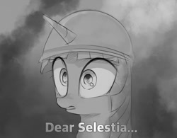 Size: 611x476 | Tagged: safe, artist:some_ponu, imported from derpibooru, twilight sparkle, alicorn, pony, female, flashback, helmet, horn, misspelling, monochrome, open mouth, simple background, solo, thousand yard stare, twilight sparkle (alicorn), vietnam, vietnam war