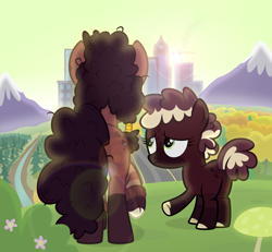Size: 2300x2125 | Tagged: safe, artist:devfield, imported from derpibooru, oc, oc only, oc:coffee blend, oc:ginger, earth pony, pony, autumn, building, bush, city, cityscape, clock, clothes, cloven hooves, colored muzzle, commission, crane, different muzzle colour, duo, female, filly, flower, glow, glowing, glowing mushroom, green sky, hair accessory, hill, jewelry, lens flare, messy mane, mother and child, mother and daughter, mountain, mushroom, outdoors, pine tree, raised hoof, rear view, river, road, scenery, show accurate, sky, snow, spots, sweater, tree, two toned mane, two toned tail, window, worried