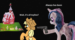Size: 1400x746 | Tagged: safe, artist:jellymaggot, imported from derpibooru, applejack, granny smith, red gala, twilight sparkle, earth pony, pony, unicorn, always has been, apple family member, chair, female, gun, imminent death, imminent murder, mare, meme, reality sucks, sad but true, sweet apple acres, toy, unicorn twilight, wait it's all ohio, weapon