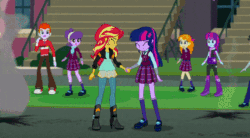 Size: 600x330 | Tagged: safe, imported from derpibooru, screencap, applejack, fluttershy, heath burns, indigo zap, jet set, lemon zest, mystery mint, neon lights, orange sherbette, rarity, rising star, rose heart, sci-twi, sour sweet, spike, spike the regular dog, sugarcoat, sunny flare, sunset shimmer, suri polomare, taffy shade, twilight sparkle, dog, equestria girls, friendship games, animated, apology, canterlot high, clothes, crystal prep academy uniform, glasses, school uniform, subtitles, teary eyes, text